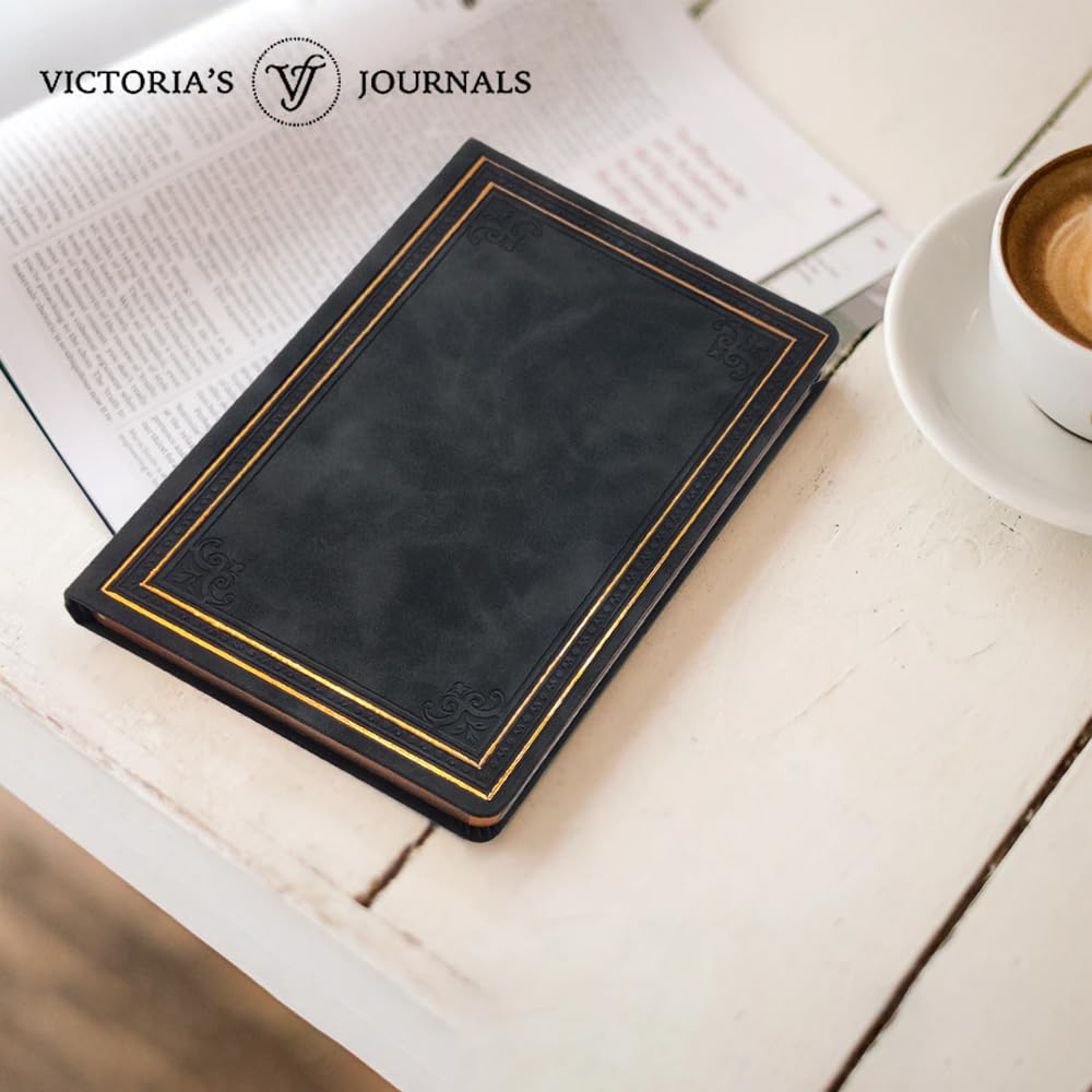 VICTORIA'S JOURNALS Leatherette Vintage Journal Hard Cover Lined Notebook Old Looking Travel Diary Black, 5.7'' x 8.1''