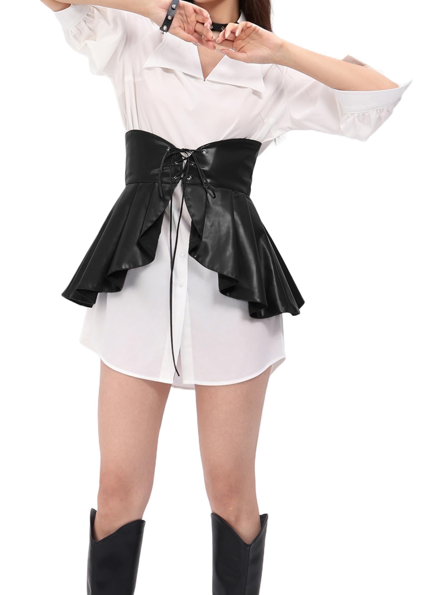 DAZCOS Gothic Retro Faux Leather Waist with Ruffle Adjustable Corset for Lolita Dark Style Dresses (US, Alpha, Large, Regular, Regular, Black)