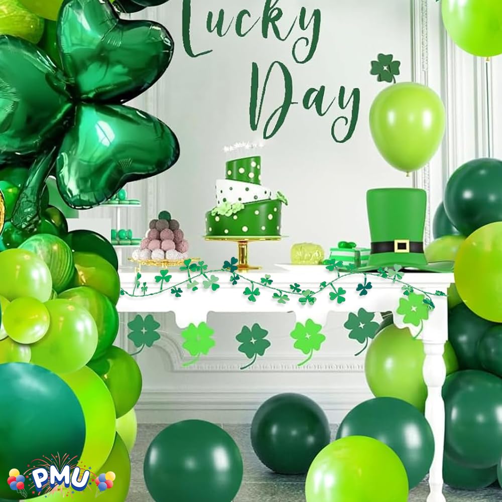 PMU 75 Ft Green Shamrock Garland – Shiny Tinsel Wire Garland for St. Paddy’s Day, Irish Holiday, Leprechaun Decorations Shamrock Green (3pc-25Ft Each)