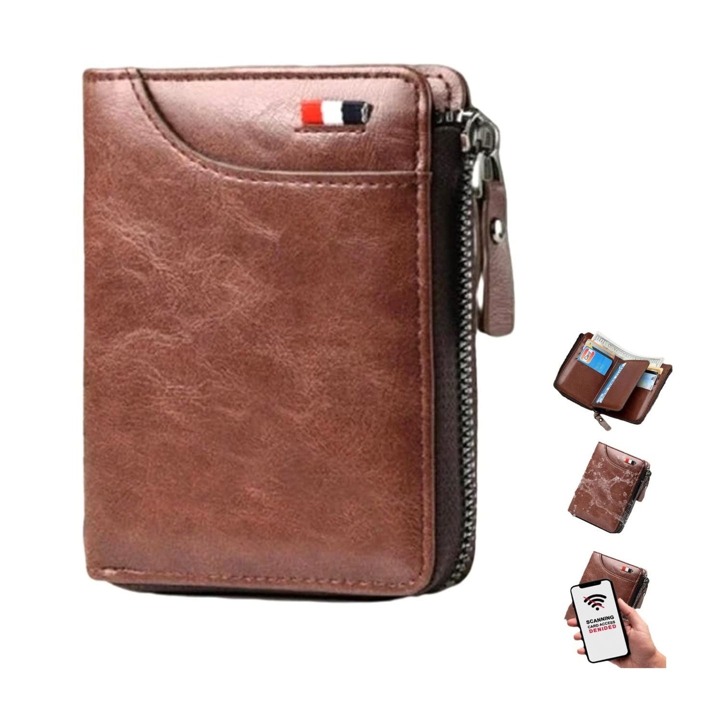 Plinvo Men's RFID Blocking Waterproof Wallet Genuine Leather Large Capacity Zipper Holds 1-14 Cards Slim Brown (BROWN)