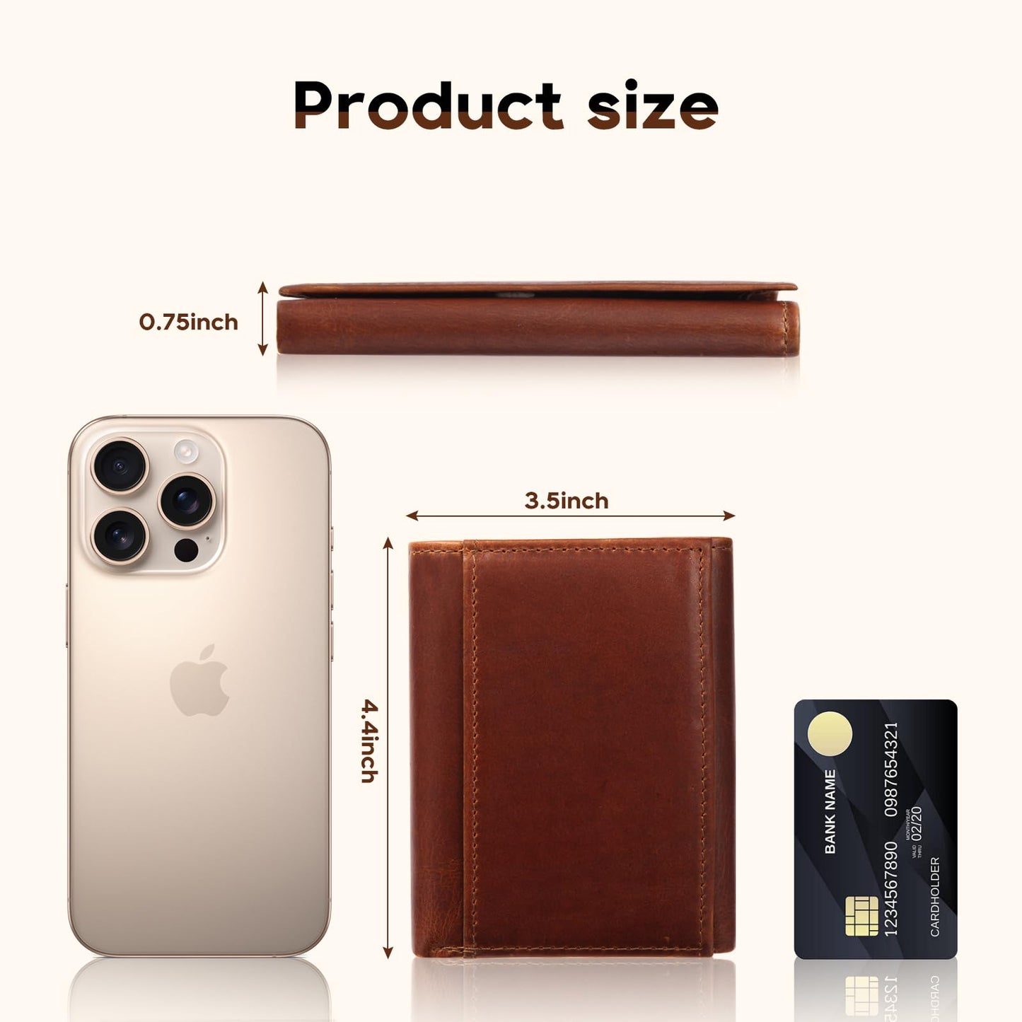 WULOUJIE Mens Trifold Wallet with 2 ID Window，Large-capacity Genuine Leather RFID Blocking Wallet for Men (Brown)