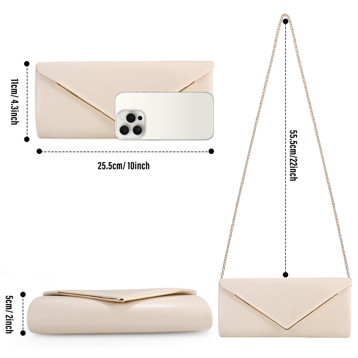 Larcenciel Nude Clutch Purses for Women, Vegan Leather Envelope Evening Bag w/Chain, Elegant Lady Shoulder Crossbody Handbags, Glitter Party Prom Purse Bride Wedding Guest Clutch Dress Carry on Bags