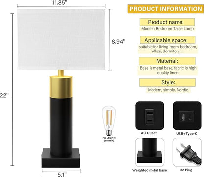 Touch Table Lamp for Bedroom 3 Way Dimmable 22''Bedside Lamp with USB A+C Nightstand Lamp for Living Room Office and Hotel Bulb Included