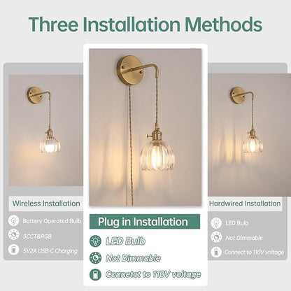 Vintage Wall Sconce Wall Lamp with Clear Tulip Glass Shade Hanging Wall Sconce with 4.9FT Plug in Cord, Modern Wall Lamp Fixtures Decor for Bedside Bedroom Indoor Doorway