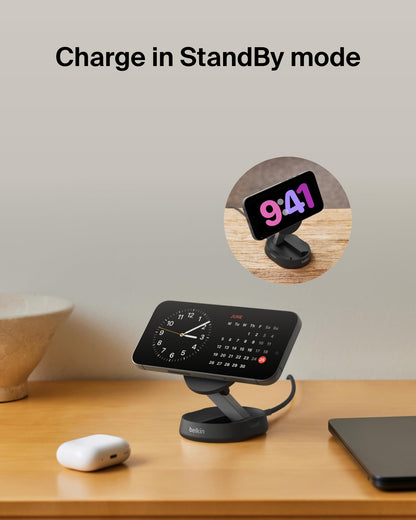 Belkin Magnetic Wireless Charging Pad 15W - MagSafe-Compatible Qi2-Certified Wireless Charging Station, iPhone Charger for Apple iPhone 16, 15, 14 Series, AirPods w/Non-Slip Base - Black (No PSU)