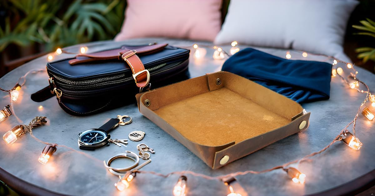 PavinCrafter Leather Valet Tray for Men & Women – Handmade Catchall Organizer for Keys, Wallet, Coins, Jewelry, Watch | Premium Full-Grain Leather EDC Tray with Brass Rivets for Desk (Brown)