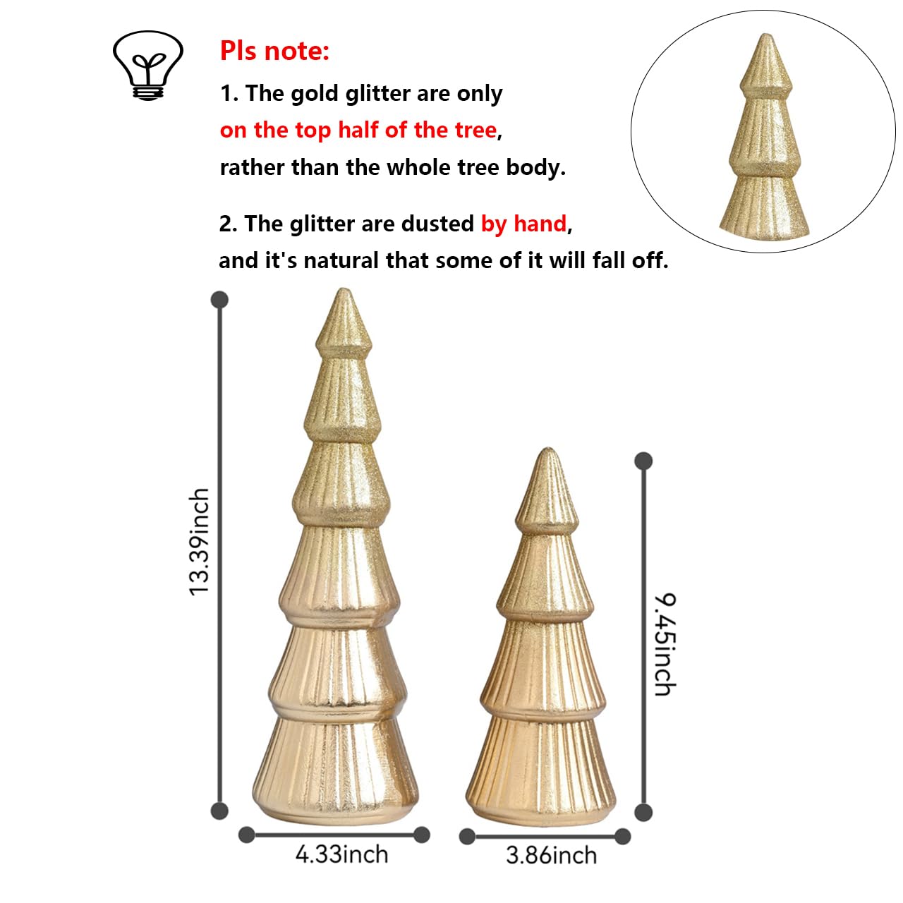 AOMOONOA Wooden Christmas Trees Figurine, 2Pcs Gold Tree Figurines, Decorative Trees for Tabletop, Small Glittered Golden Xmas Tree Figurines for Christmas Mantle Indoor Decor