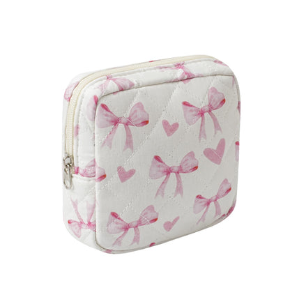 RSRSLEII Small Quilted Cosmetic Pouch for Purse, Mini Cotton Makeup Bag with Compartments, Cute Zipper Lipstick Holder for Women (02Heart Bow)