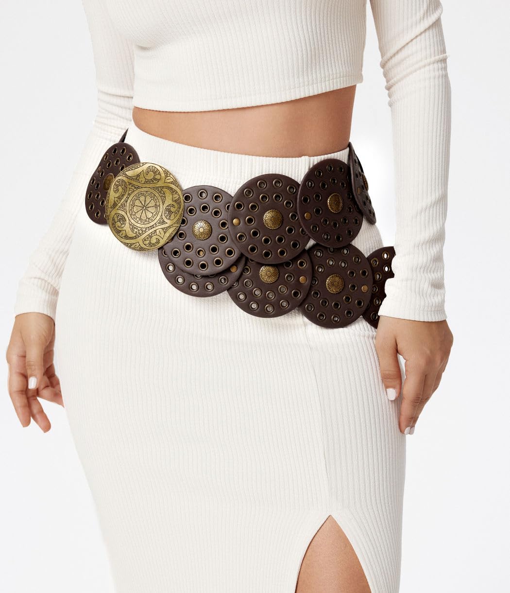 WULIQIUQIU Wide Disc Belt for Women Boho Concho Leather Belts Vintage Western Waist Belt 101CM Coffee