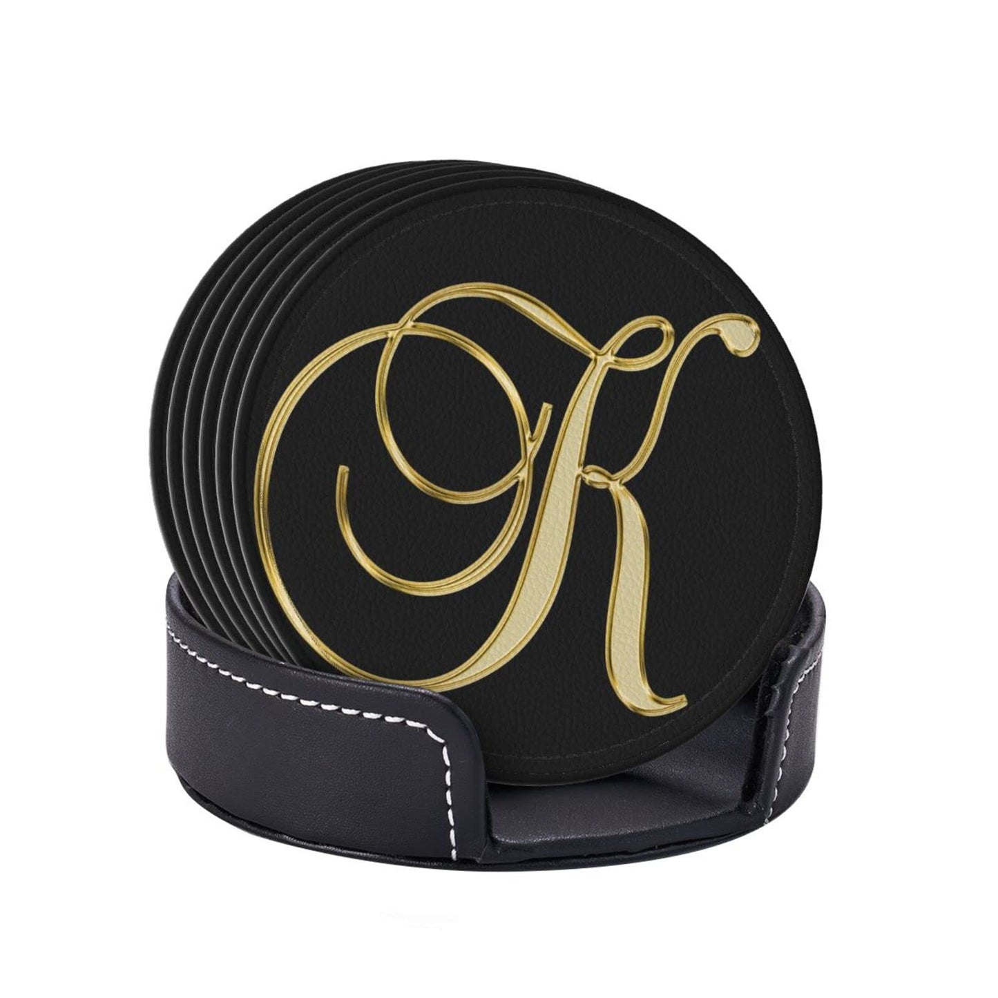 Famame 6 Pcs Letter K Alphabet Gold Print Leather Coasters for Drinks with Holder Coaster Sets Drink Table Cup Coasters for Living Room Kitchen Coffee Decor