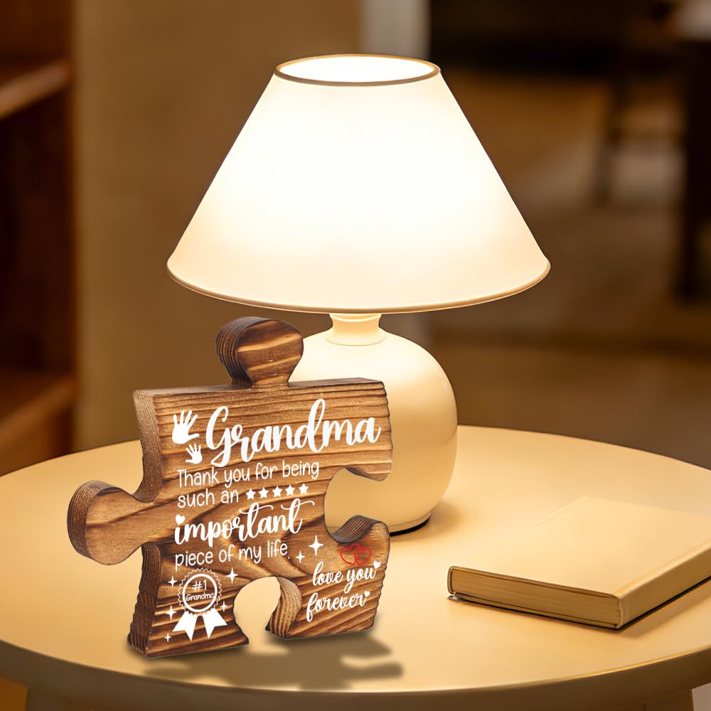 Grandma Puzzle Piece Gift Appreciation Plaque Family Love Sign Wooden Desk Decor for Grandmother Birthday Mothers Day Gift from Grandkids Decorative Signs & Plaques-LMP40