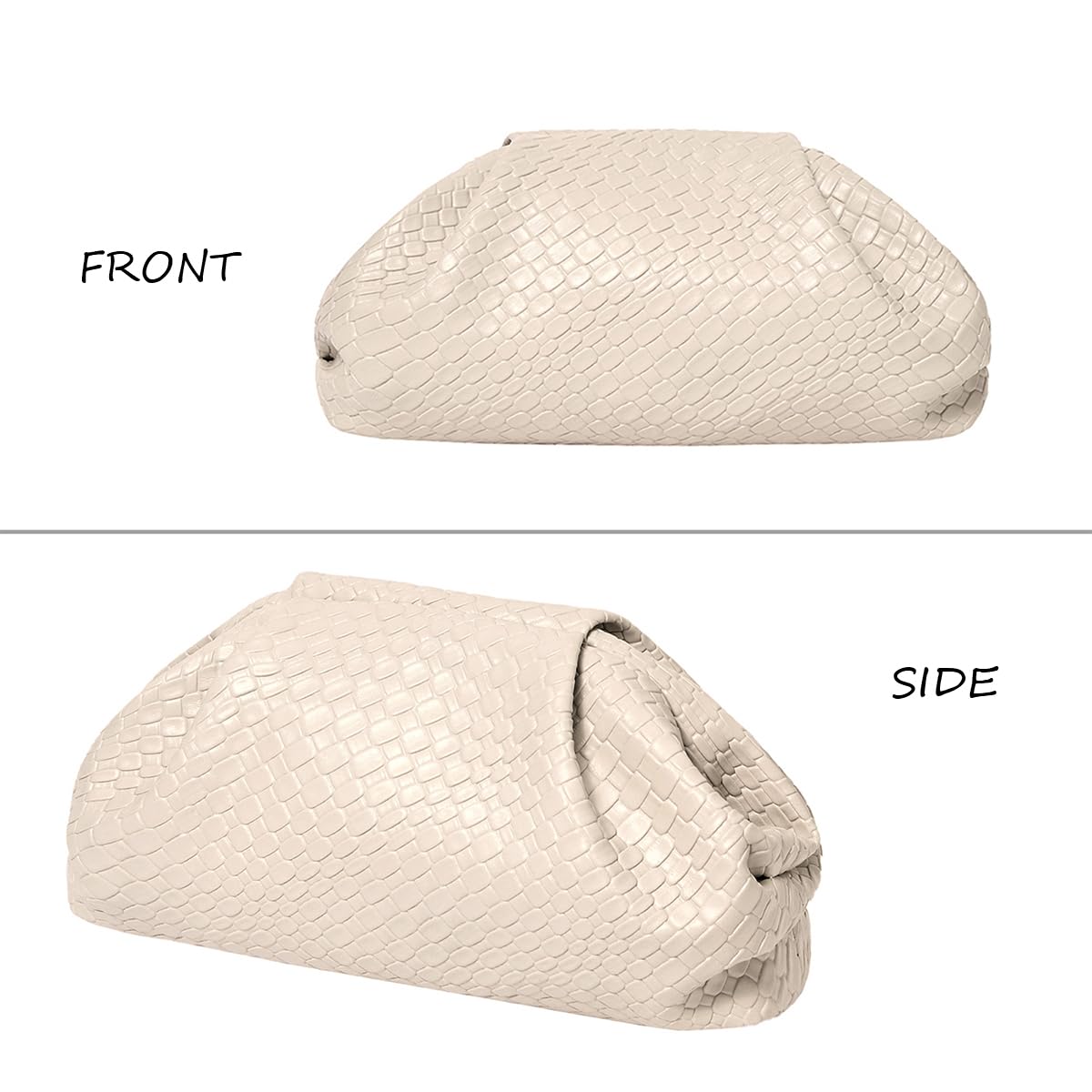 MXCMXC Women’s Woven Evening Bag Clutch Purse, Elegant Dumpling Handbag PU Leather Ruched Bag for Party Cocktail Wedding (Beige)