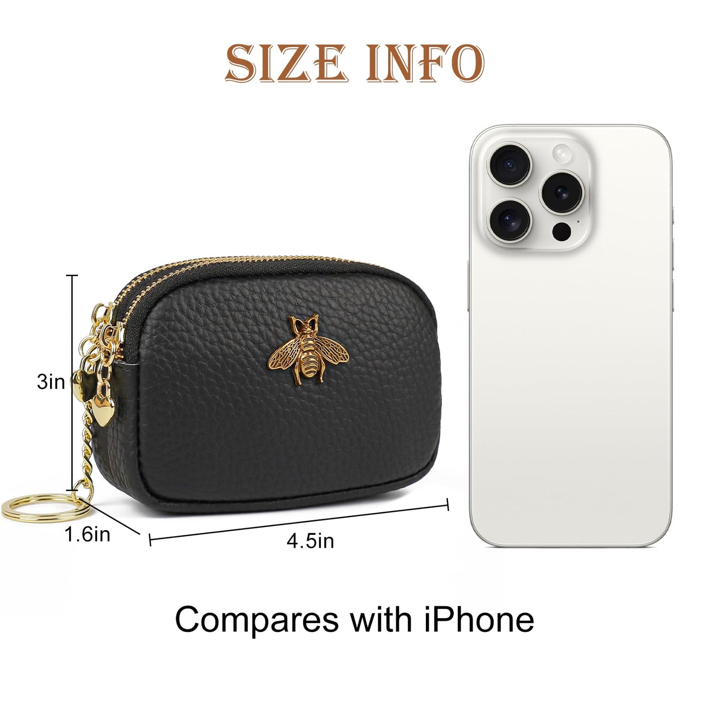 imeetu Women Leather Coin Purse, Small 2 Zippered Change Pouch Wallet(Copper Bee, Pink)