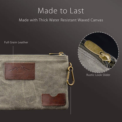 All Purpose Utility Zipper Pouch, EDC Organizer, Water Resistant, Durable Waxed Canvas with Full Grain Leather, Carabiner, Inner Pockets, Office Work Essentials, Charger Case, Pencil Case. Olive.