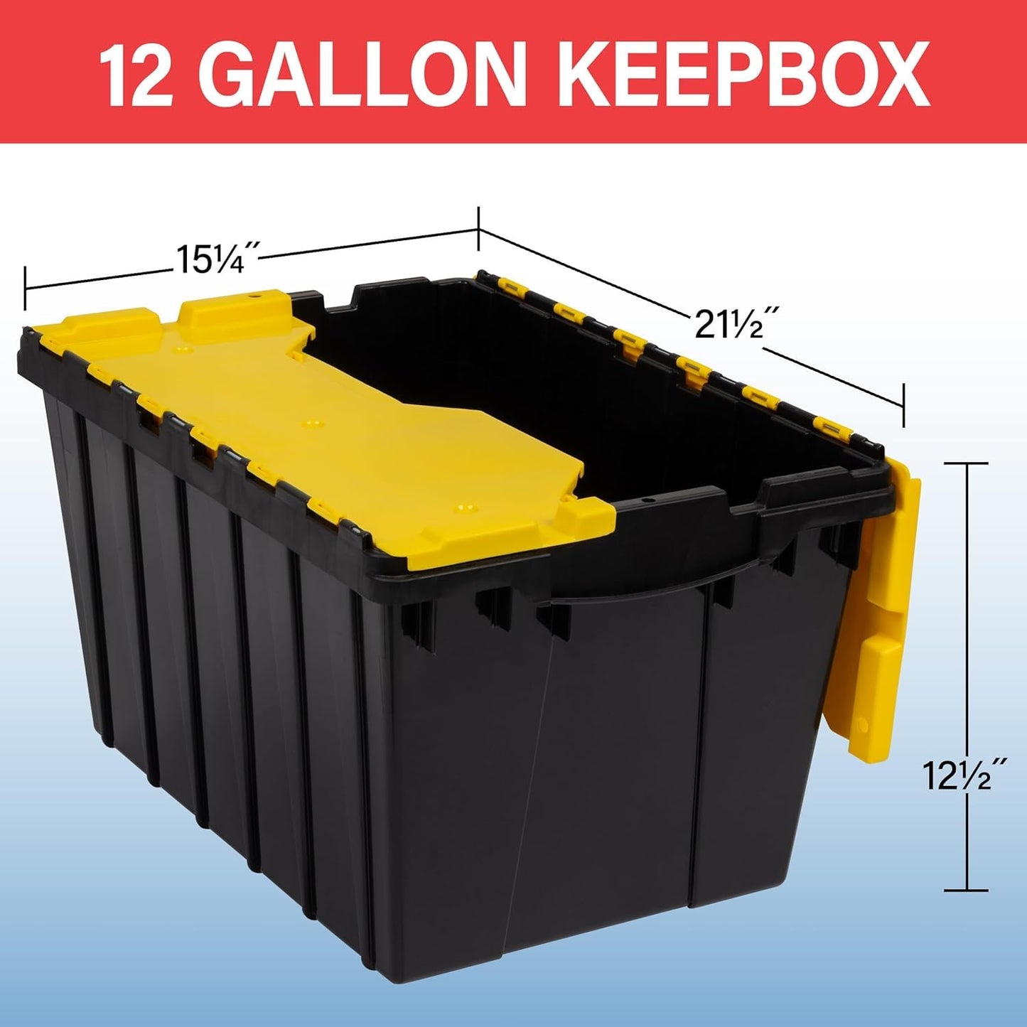 Akro-Mils KeepBox 12 Gallon Storage Container, Nesting and Stackable Plastic Storage Box with Lid Attached, Organizer Tote for Garages, Closets, and Moving, 21-1/2" x 15" x 12-1/2", Black/Yellow