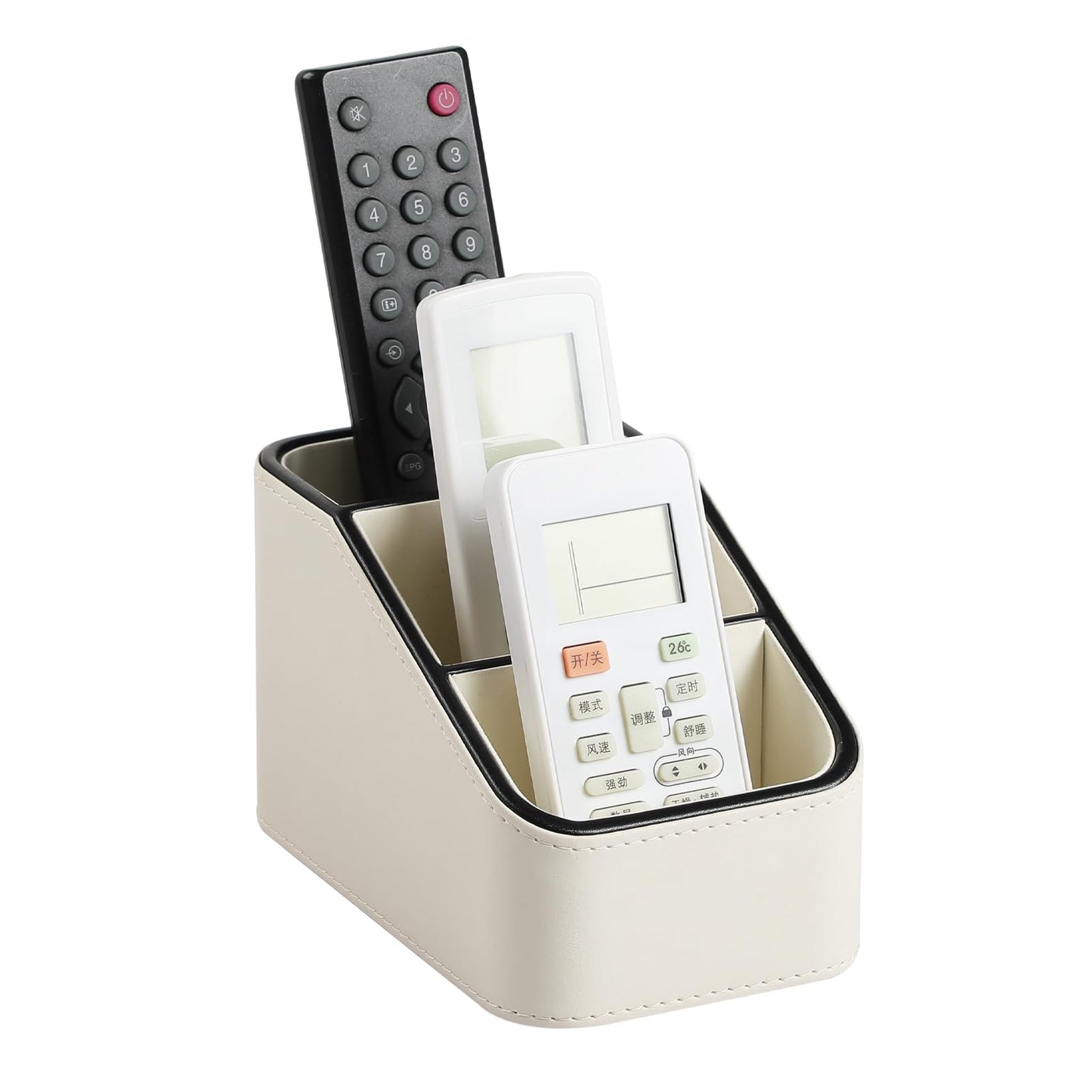 NICLNGSH PU Leather Remote Control Holder, Small Desk Organizer Office Supply Bedside Caddy for Nightstand End Table Couch, Pen Remote Organizer with 3 Compartments (Cream)