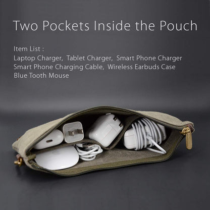 All Purpose Utility Zipper Pouch, EDC Organizer, Water Resistant, Durable Waxed Canvas with Full Grain Leather, Carabiner, Inner Pockets, Office Work Essentials, Charger Case, Pencil Case. Olive.