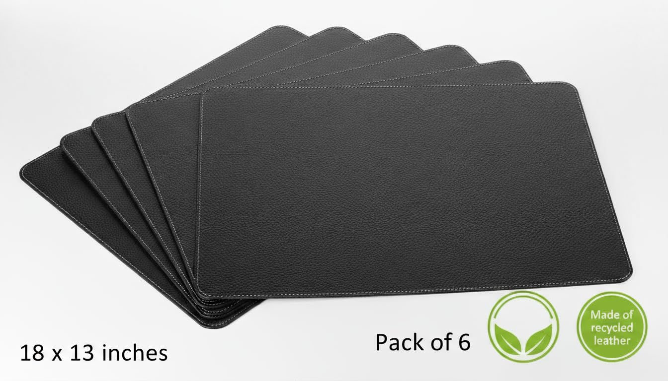 Nikalaz Set of 6 Placemats Made of Recycled Leather (18"x13", Black)