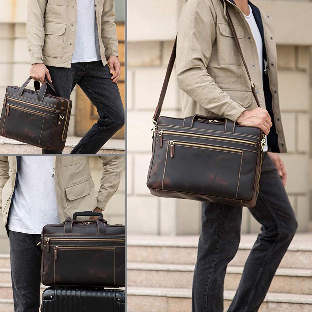 TIDING Vintage Genuine Leather Briefcase for Men 17.3 Inch Computer Bag Business Travel Messenger Bag Attache Case