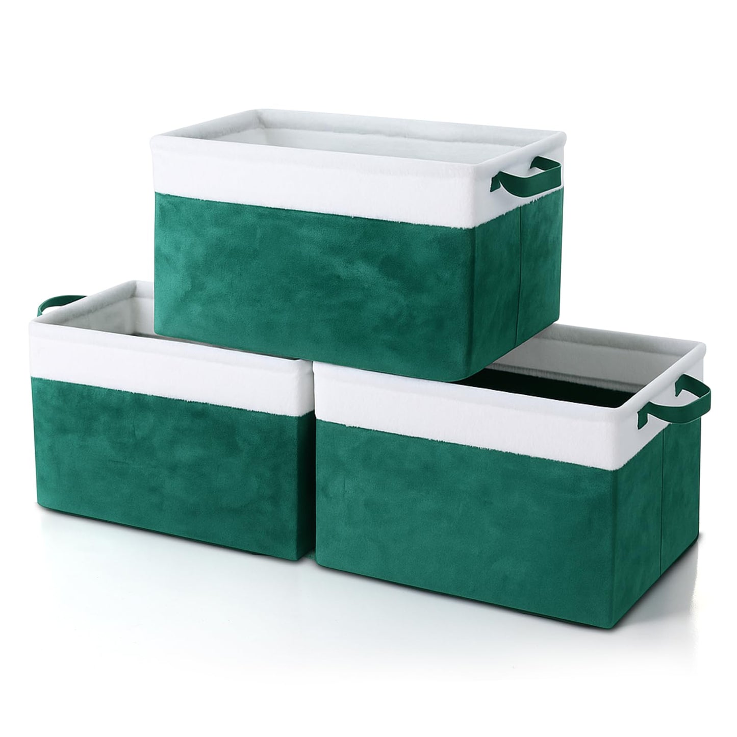 Bokon 3 Pcs Christmas Storage Basket Large Velvet Foldable Storage Bin with Handles Flannel Waterproof Closet Organizer Christmas Gift Basket for Office Home Bedroom Clothes(Green)