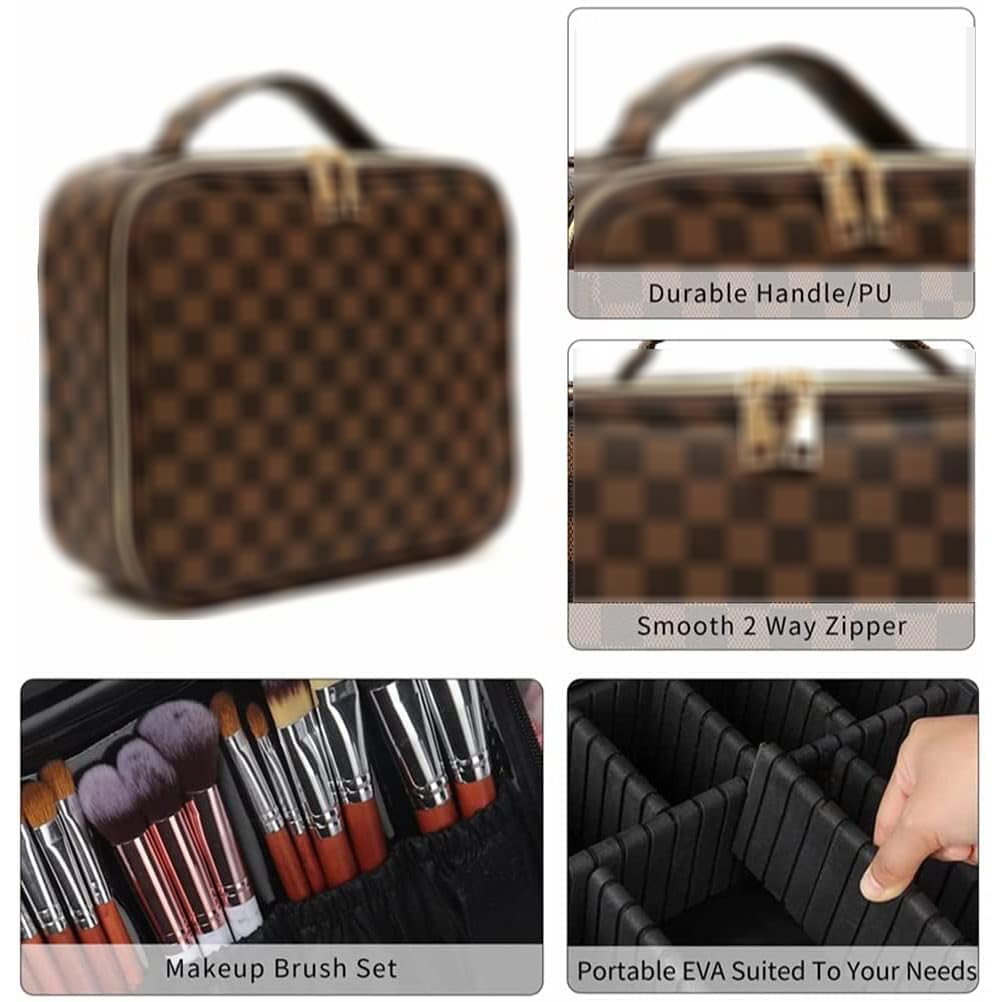 Brown Checkered Makeup Bag Set, Portable with Adjustable Partition, Large Capacity Pouch for Travel Organizer, Makeup Brushes Bag, Waterproof, Toiletries, Designer for Gift( 3Pcs Brown Checkered)