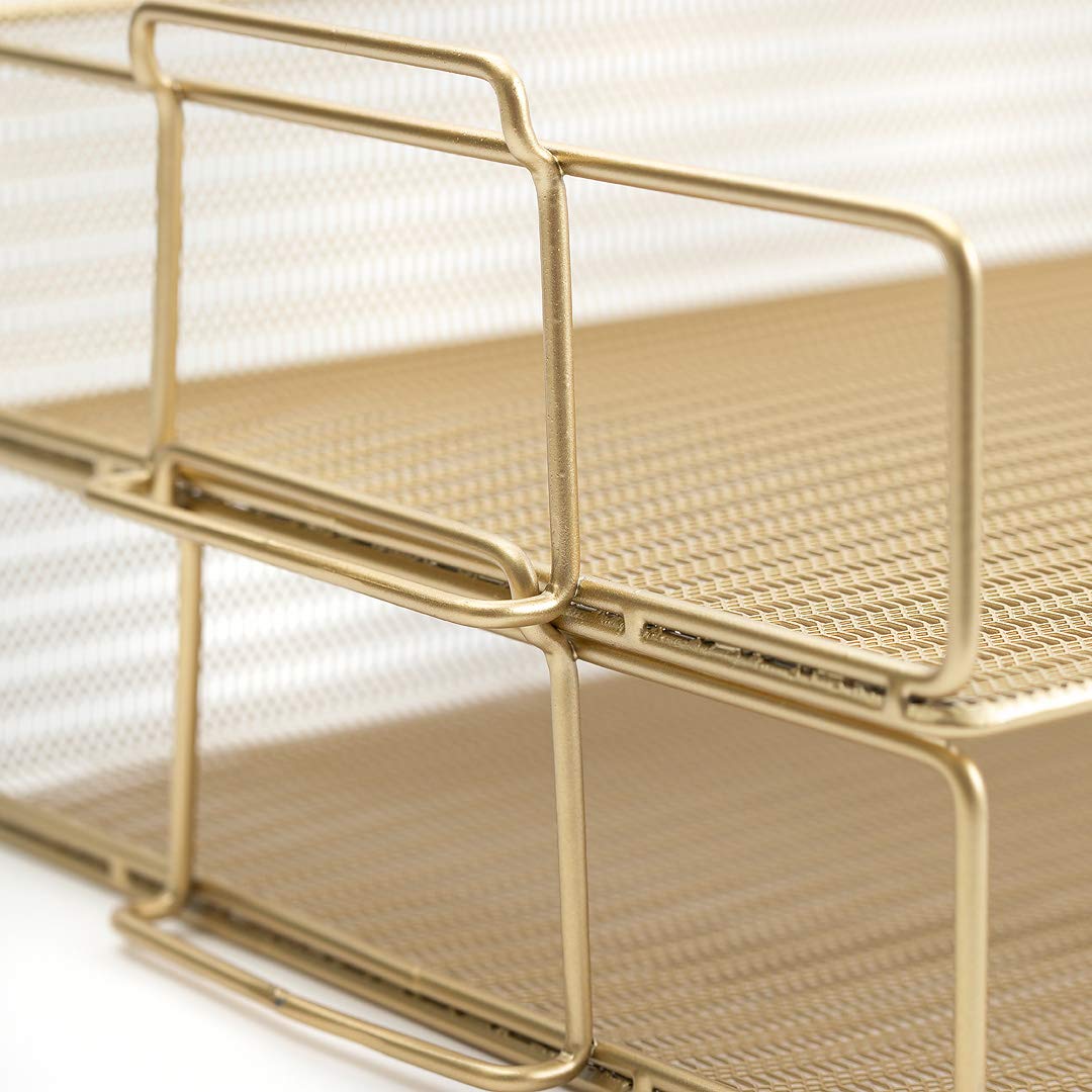 BLU MONACO | Paper Tray Stackable Gold Mesh Set of 2 | Stackable File Trays for Desk Organization | Tiered Desk Organizer with Metal Letter Trays