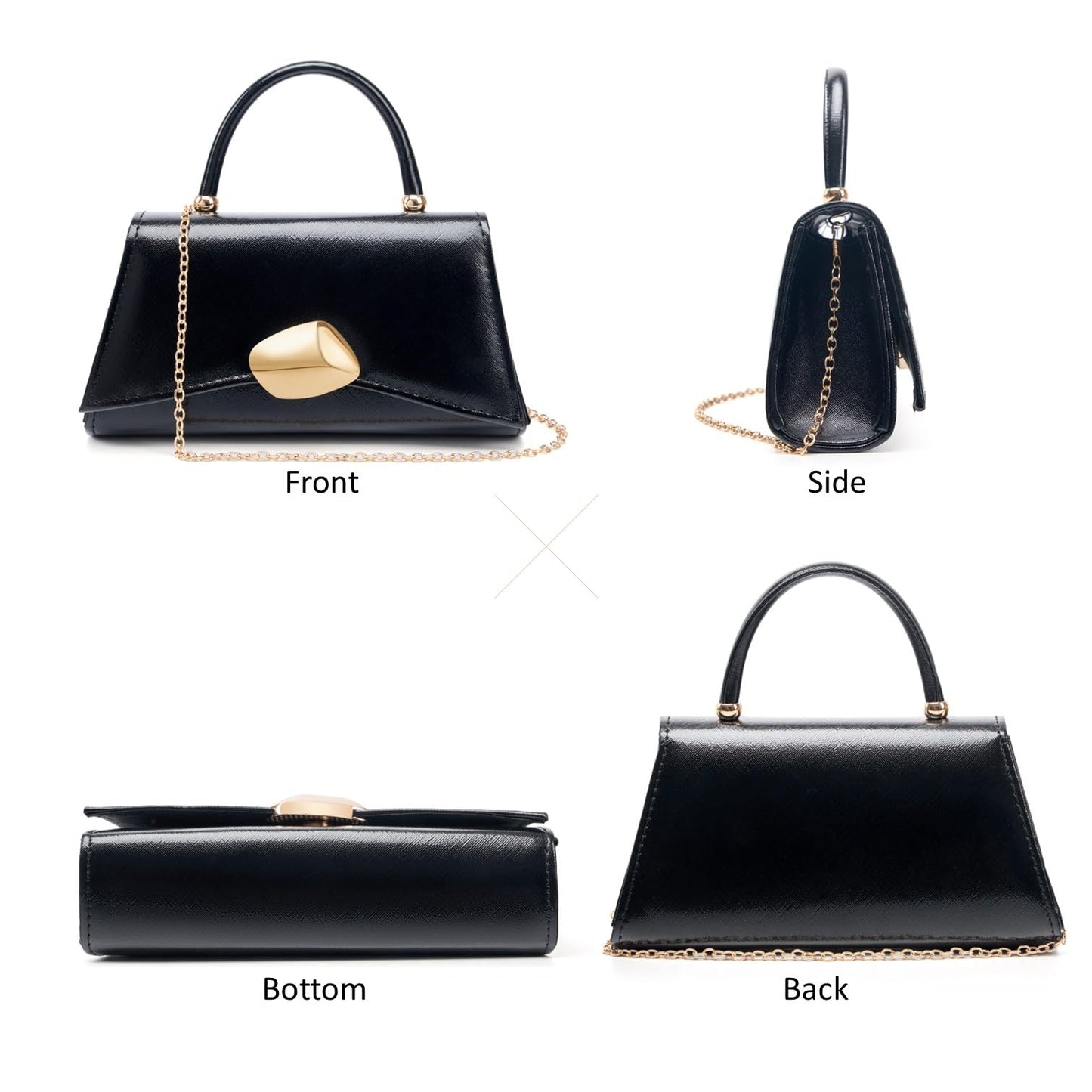 Women's Evening Handbag PU Leather Top Handle Clutch Purse with Gold Metal Clasp for Party Prom Wedding Cocktail (Black 703)