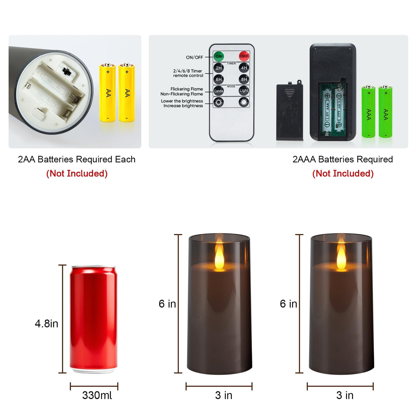Raycare Christmas Flameless Electronic Pillar Candles with Remote Control and Timer- Battery Operated Realistic Flickering LED Fake Candle for Home, Wedding Decor,Grey,Set of 2(3"x6"6")
