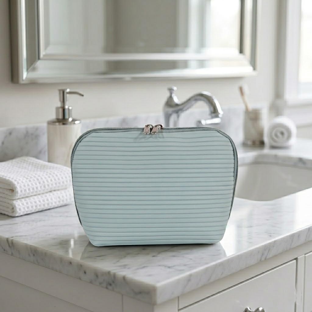 Tense Edano Travel Makeup Bag for Women, Waterproof Stand Up Cosmetic Bag with Brush Holders, Organizer Bag with Compartments, Fold-Down Design for Skincare, Toiletries & Essentials (Blue, Medium)
