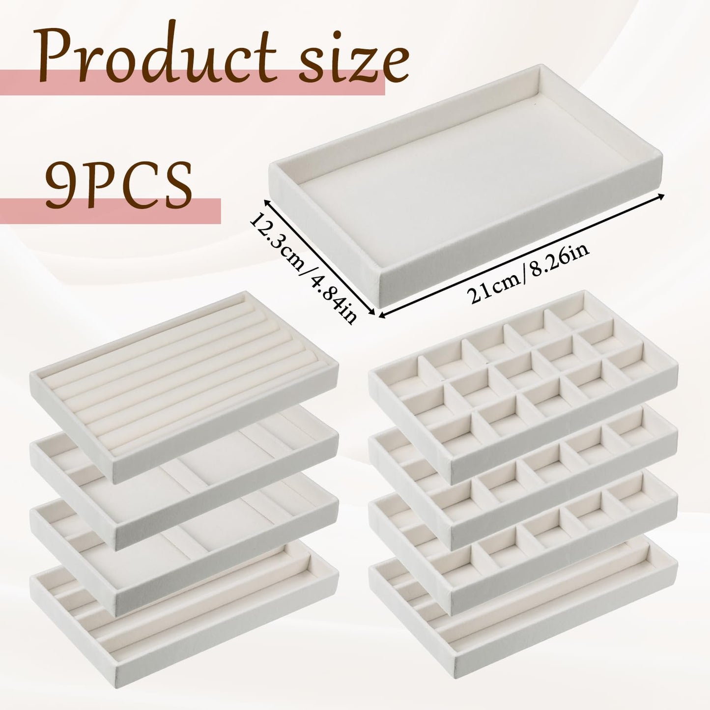 Exclaith 9 Set Velvet Jewelry Drawer Organizer Inserts, Stackable Jewelry Organizer Trays with Removable Dividers, Jewelrys Storage Display Tray, for Earring Ring Necklace Watch Bracelet, Beige