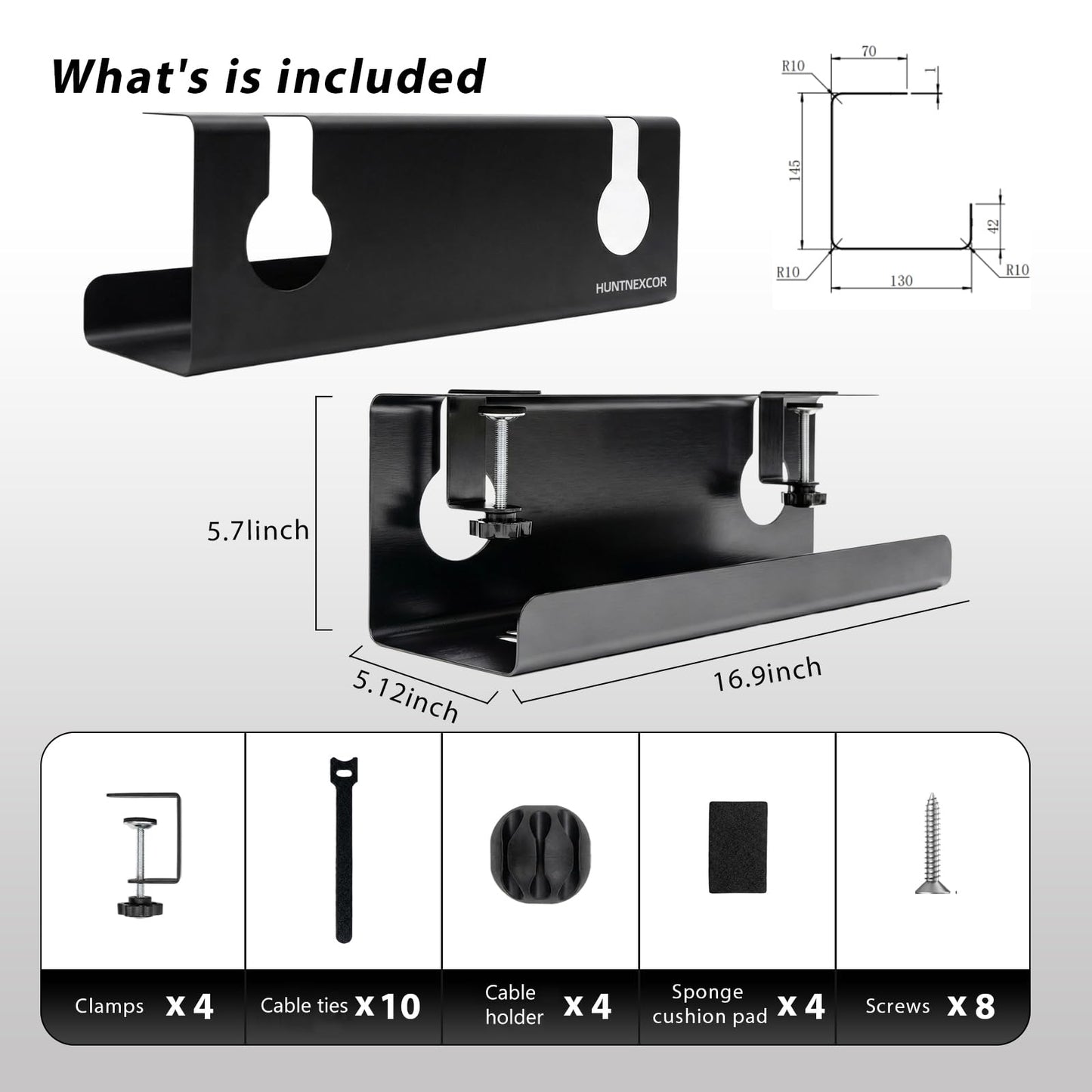 No Drill Under Desk Cable Management Tray with Clamp, Home/Office Desk Cord Organizer and Accessories Storage Shelf, 17'' Metal Cable Organizer for Standing/Gaming Desk, Office Supplies, Black 2 Set