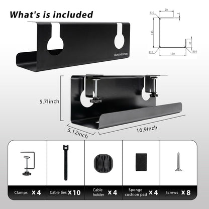 No Drill Under Desk Cable Management Tray with Clamp, Home/Office Desk Cord Organizer and Accessories Storage Shelf, 17'' Metal Cable Organizer for Standing/Gaming Desk, Office Supplies, Black 2 Set