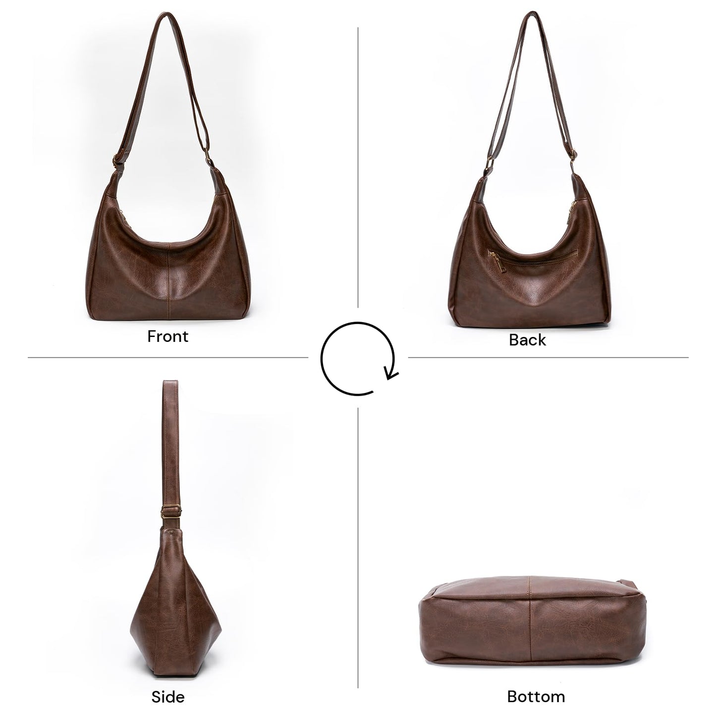 Purses for Women Slouchy Shoulder Bag Hobo Bag Soft Vegan Leather Adjustable Wide Strap Crossbody Tote Multi Pocket Handbags (Brown)