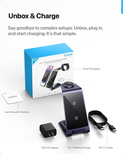 Intoval 3 in 1 Wireless Charging Station for iPhone 17 16 15 14 13 12 11 X Pro Max, Wireless Charger for Apple Watch Ultra 3 SE 9 8 7 6 5 4 3 2, for AirPods 4 Pro Pro 2 3 (Y93, Grey)