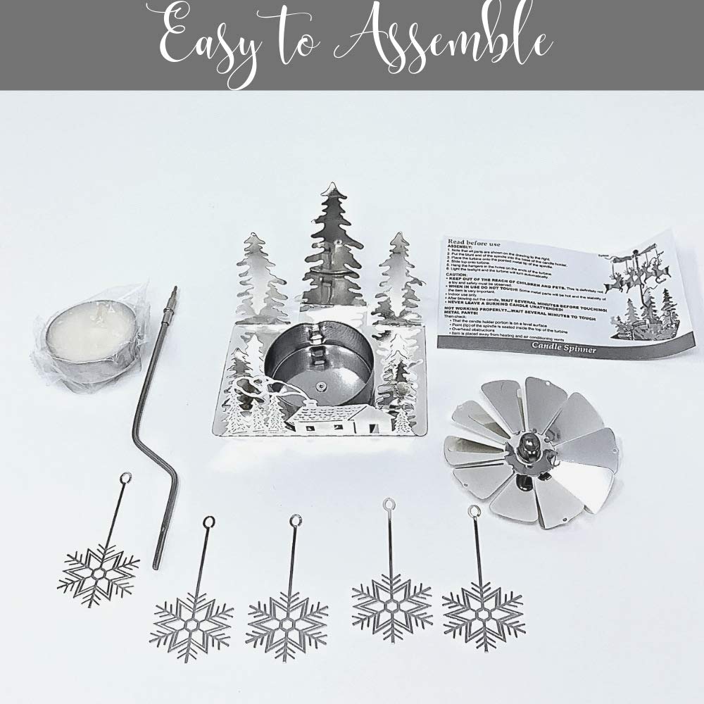 Winter Cabin Silver Holiday Candle Spinners Set of 3, Silver Plated Laser Cut Christmas Tea Light Candle Holders with Cabin, Trees & Snowflake Charms, Spinning Winter Scene Table Decor, 5 Inch