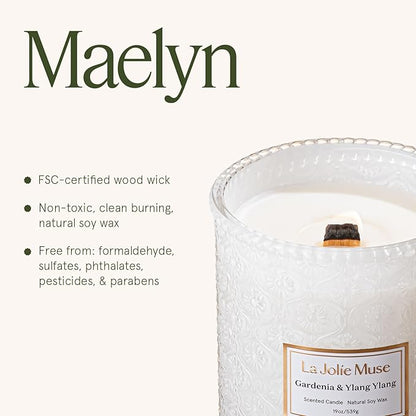 LA JOLIE MUSE Gardenia & Ylang Ylang Scented Candle – Ylang, Tuberose, Orange Blossom |19 oz Large Wooden Wick Candle | Natural Soy Wax | 90 Hours Clean Burn | Gift-Ready for Hosts