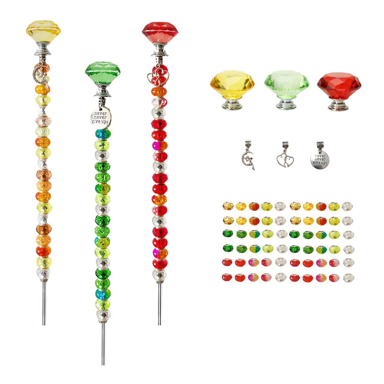 ZSlactp 72Pcs Beaded Garden Stakes Kit - DIY Fairy Wand Garden Stake Beads Kit, Fairy Garden Accessories Outdoor for Different Festivals, Garden Stake Decorative Diamond-(Red+Green+Yellow)