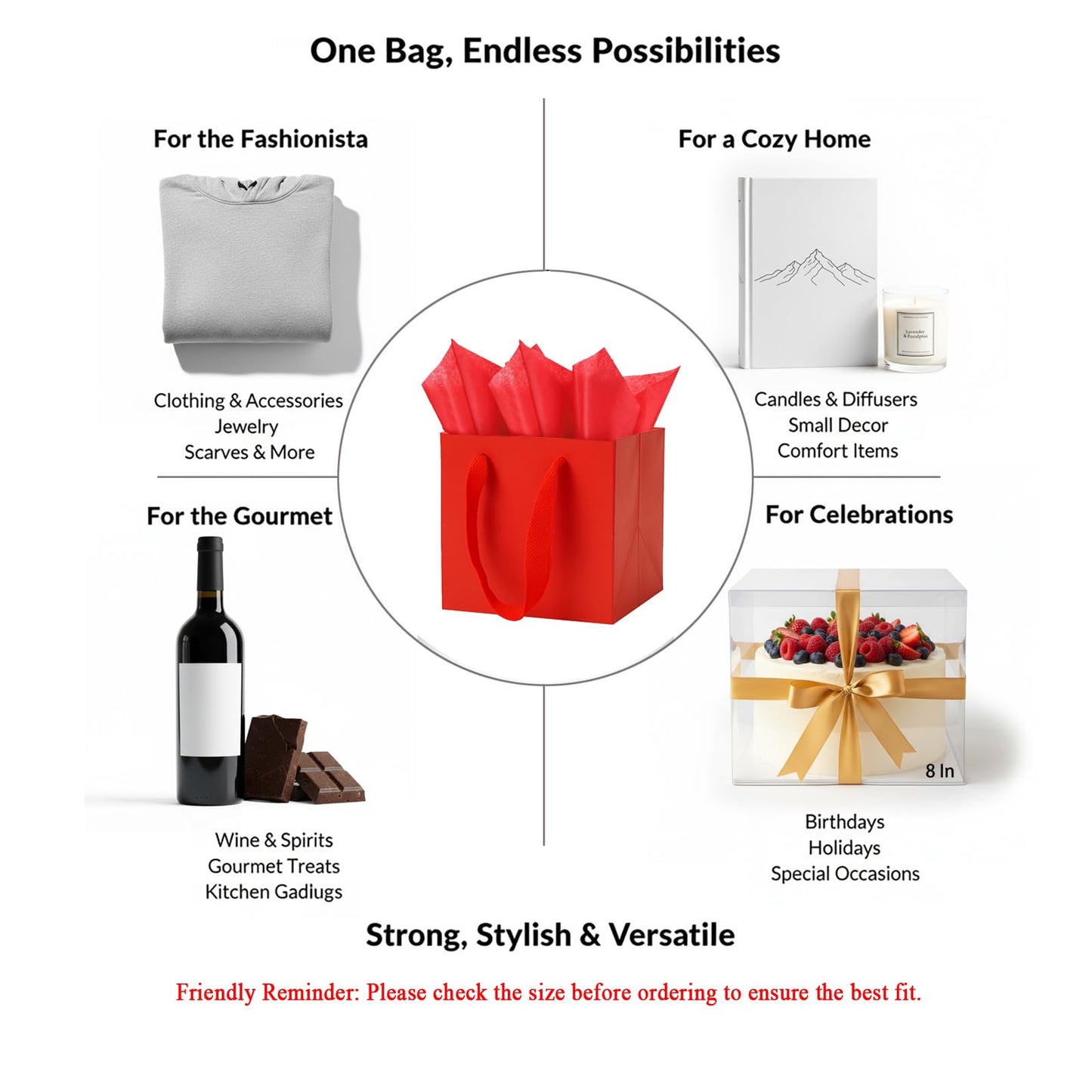 Aosric Red Gift Bags with Tissue Paper, 24 Pack 10x10x10 In Square Reusable Thick Paper Bag for Christmas, Halloween Treats, Wedding, Baby Shower, Birthday Party Favor, Return Gifts