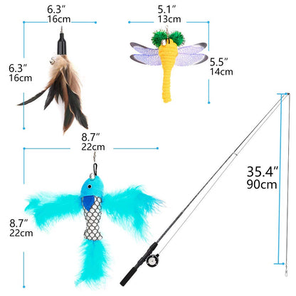 Pawaboo Cat Feather Toys, 4 Pack Interactive Cat feather Teaser Wand Toys, Retractable Fishing Pole Wand Catcher Exerciser with Refill Fish, Dragonfly Worm with Bells, Fun Cat Kitten Kitty Playing Toy