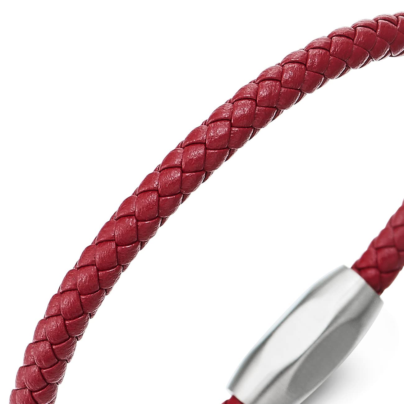 COOLSTEELANDBEYOND Mens Women Red Braided Leather Bracelet, Minimalist Single-Strand with Polished Stainless Steel Clasp, Everyday Casual Jewelry