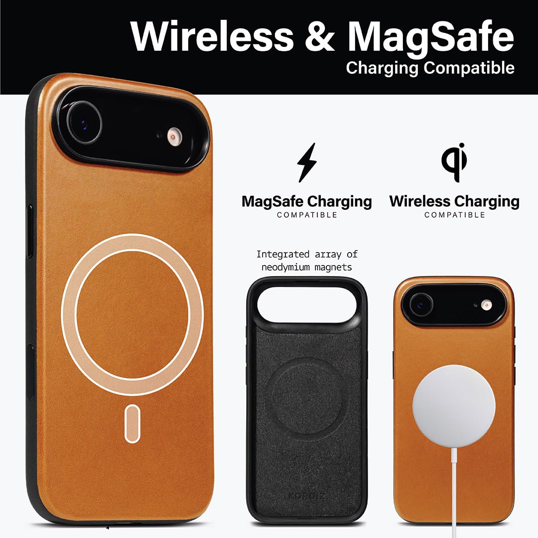 KORDIZ Impact Leather Case for iPhone 17 Air – Full-Grain Leather MagSafe Case with Camera Control Button – 360° Shockproof Bumper – Rugged Patina-Ready Protection – Slim Grip Cover (English Tan)