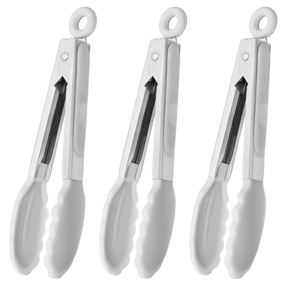 Small Silicone Tongs 7-Inch Mini Serving Tongs, Set of 3 (Black Gray White)