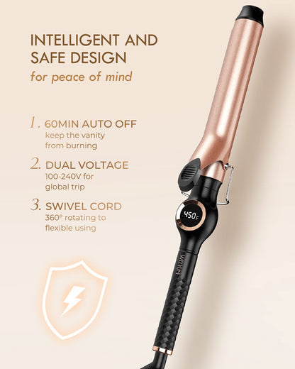 Large Curling Iron 2 Inch, Ceramic Long Barrel Hair Curling Wand, Hair Styling Tool, Dual Voltage, LCD Display, Black