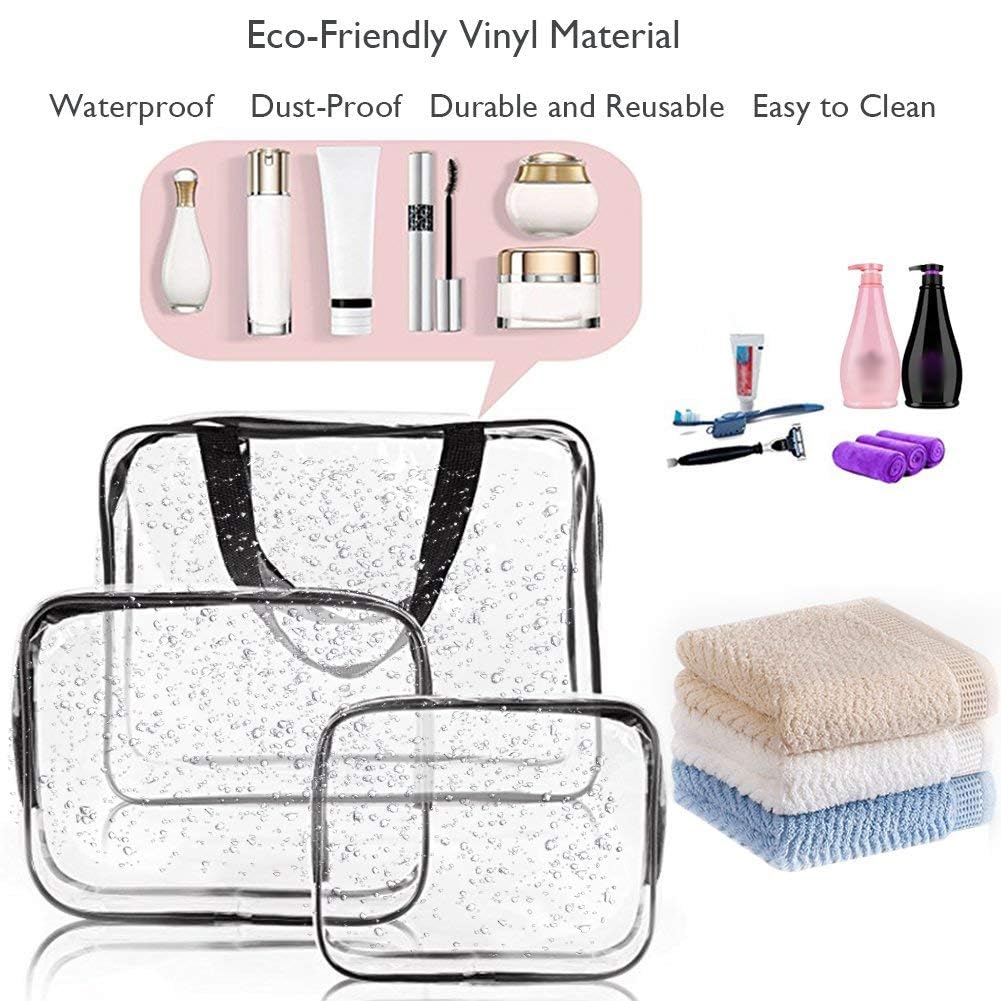 APREUTY Clear Makeup Bags, TSA Approved 6 Pcs Cosmetic Makeup Bags Set Clear PVC with Zipper Handle Portable Travel Luggage Pouch Airport Airline Vacation Organization (Black)