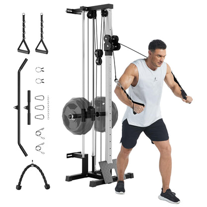 Garvee Wall Mount Cable Station, LAT Pulldown Machines with 19 Positions Dual Pulley System, Cable Crossover Machine with Adjustable Footplate, T-Bar and More Attachments, Workout Equipment Home Gym