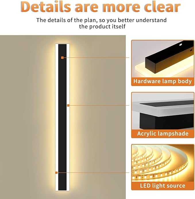 Mikeru Modern Outdoor Wall Light, 3000k-6000k Dimmable Outdoor Wall Sconce 57inch Black Exterior Lights with Remote Control Ip65 Waterproof Anti-Rust Linear Long Porch Lights