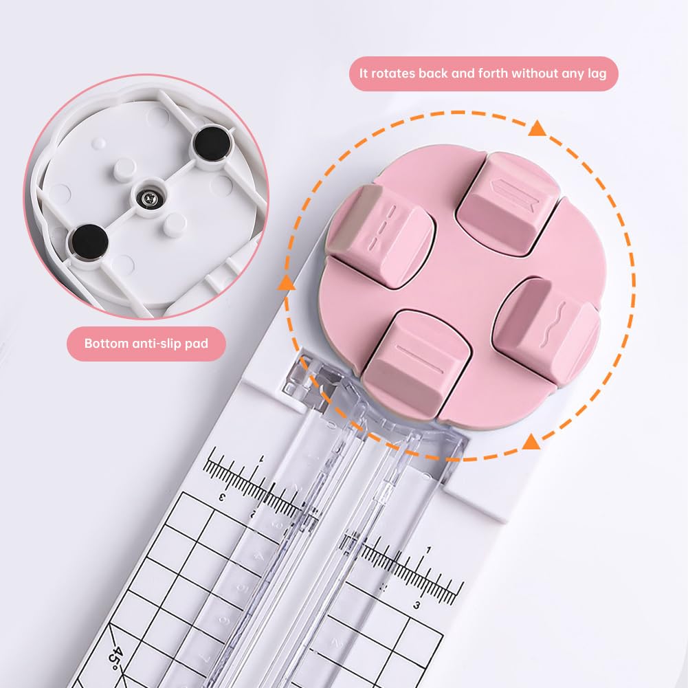 Paper Cutter,4-in-1 Paper Trimmer,Photo Cutter,Multi-Function Scrapbooking Tool with Dial Blades of Straight,Wave,Perforated,Creasing for Cutting Paper,Coupons,Postcards,Card (Pink)