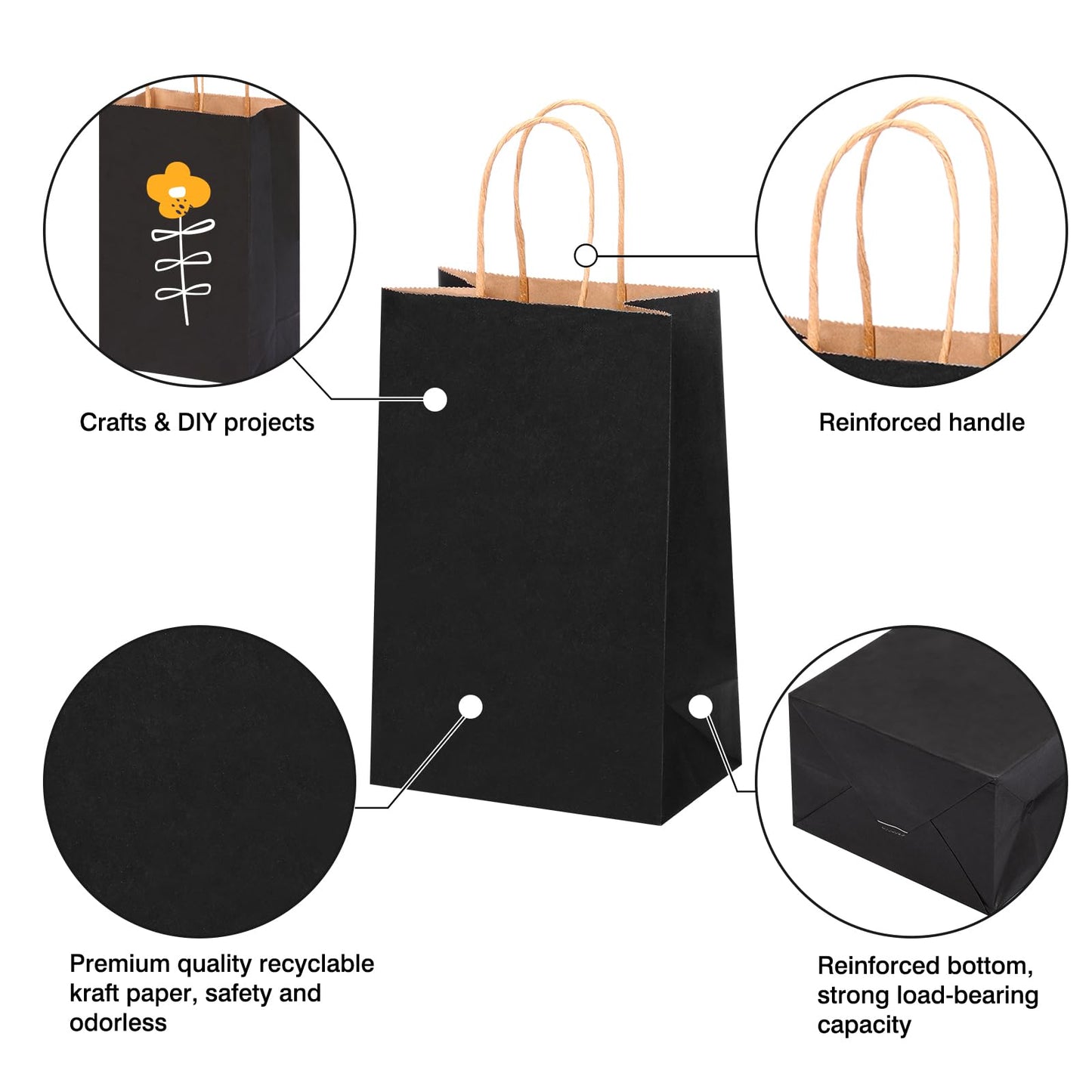OUTUXED 150pcs Black Paper Bags with Handles, 5.25x3.2x8 Inches Small Gift Bags Bulk for Shopping, Birthday, Wedding, Merchandise and Business Party