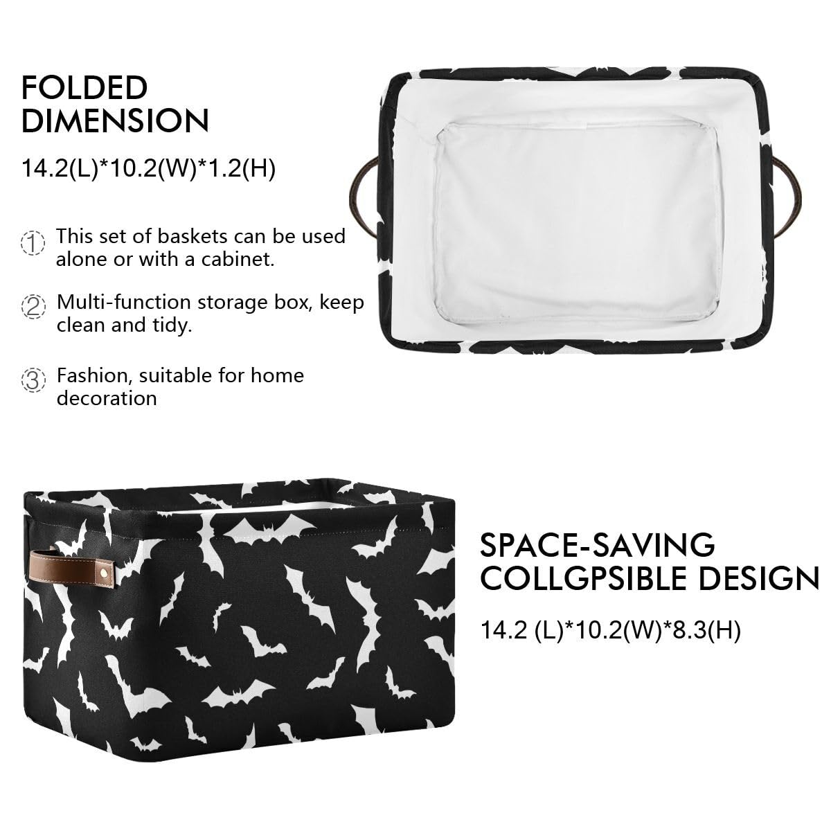 Halloween Black Bat Storage Basket Fabric Kitchen Baskets Spooky Happy Halloween Open Home Storage Bins Boxes Foldable Organizer Bag for Baby Cloth Pet Toy Book Shelf Closet Baskets 16×12×8 Inches