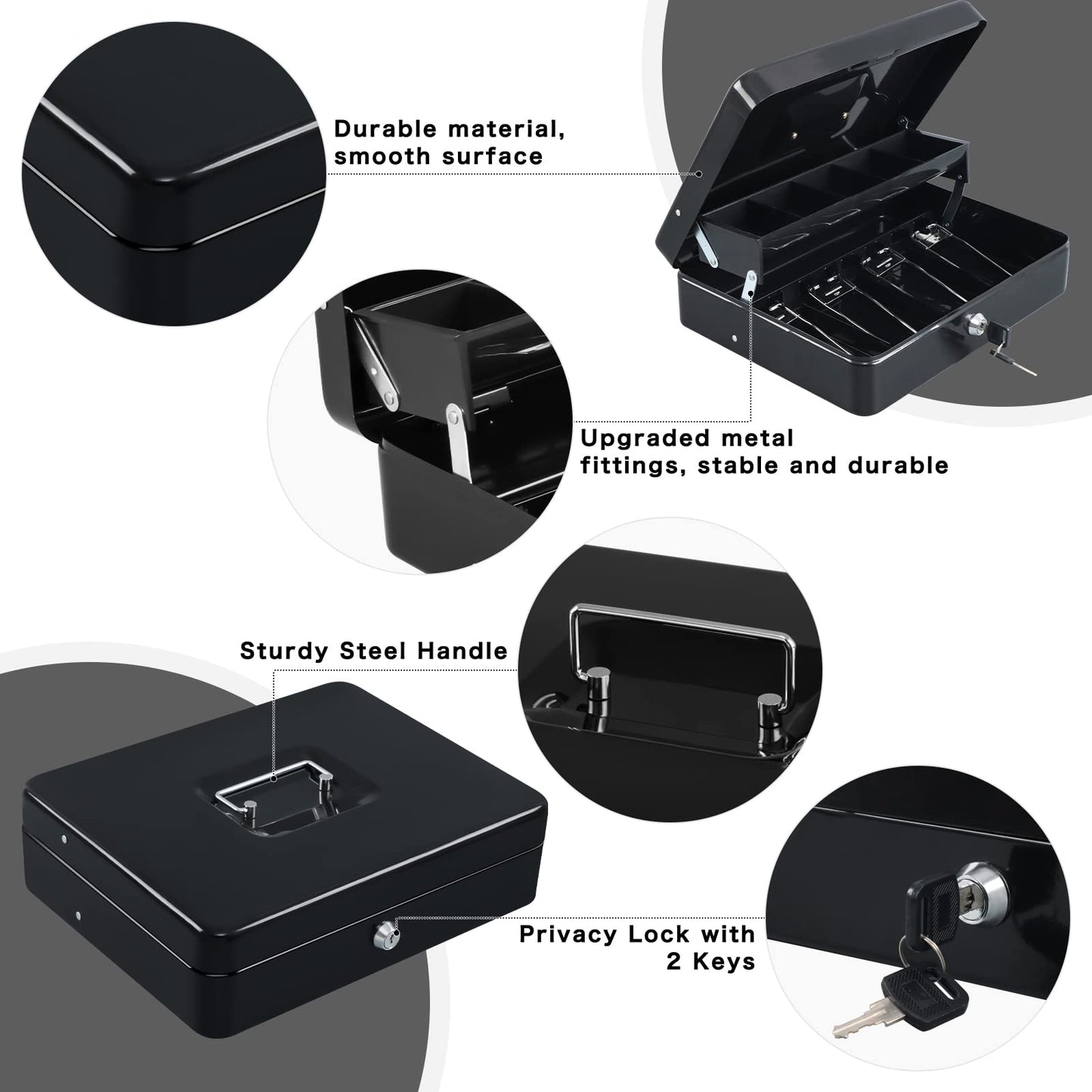 xydled Cash Box with Money Tray and Key Lock,Tiered, Cantilever Design,4 Bill / 5 Coin Slots,11.8" x 9.5" x 3.5",Black
